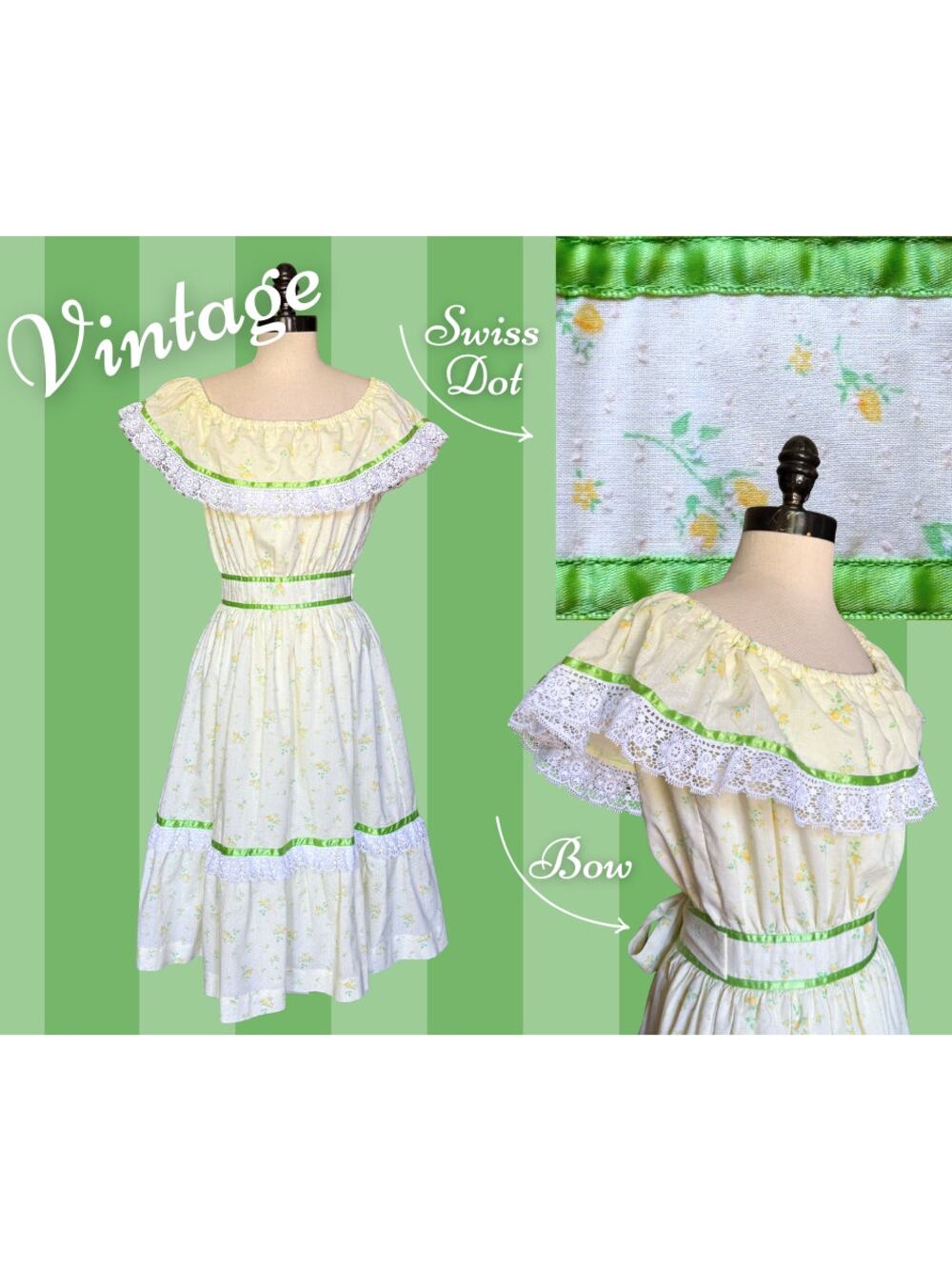 Vintage 70s Yellow Swiss Dot Sundress Cottage Prairie Boho Indie Summer Lolita